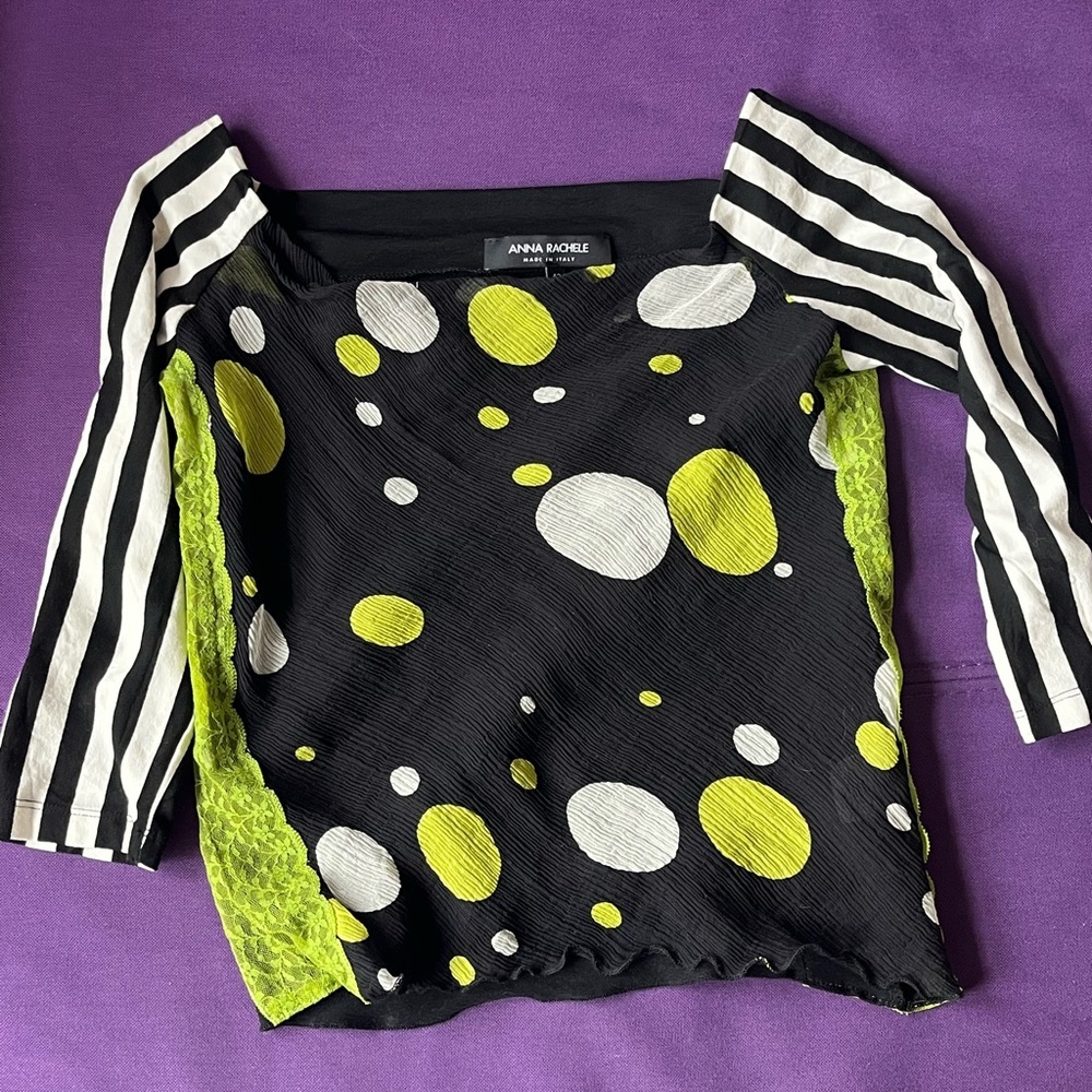 Vintage 90s Y2K Silk Anna Rachele Italy Geometric Graphic Lace Top S/M